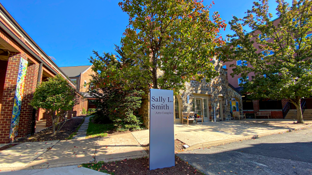 Lab campus shot of new arts complex sign